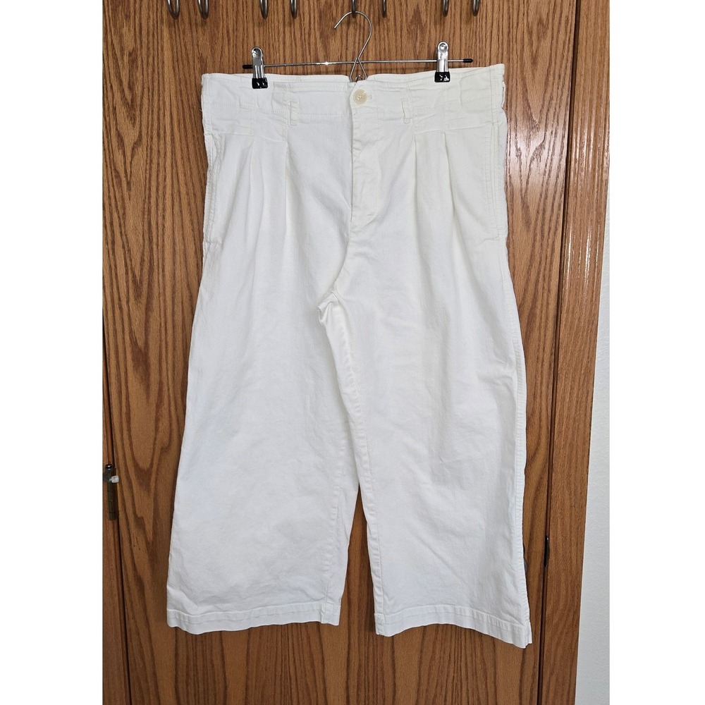 Maeve Anthropologie White Pleated Wide Leg Cropped Pants Size 14 High Rise